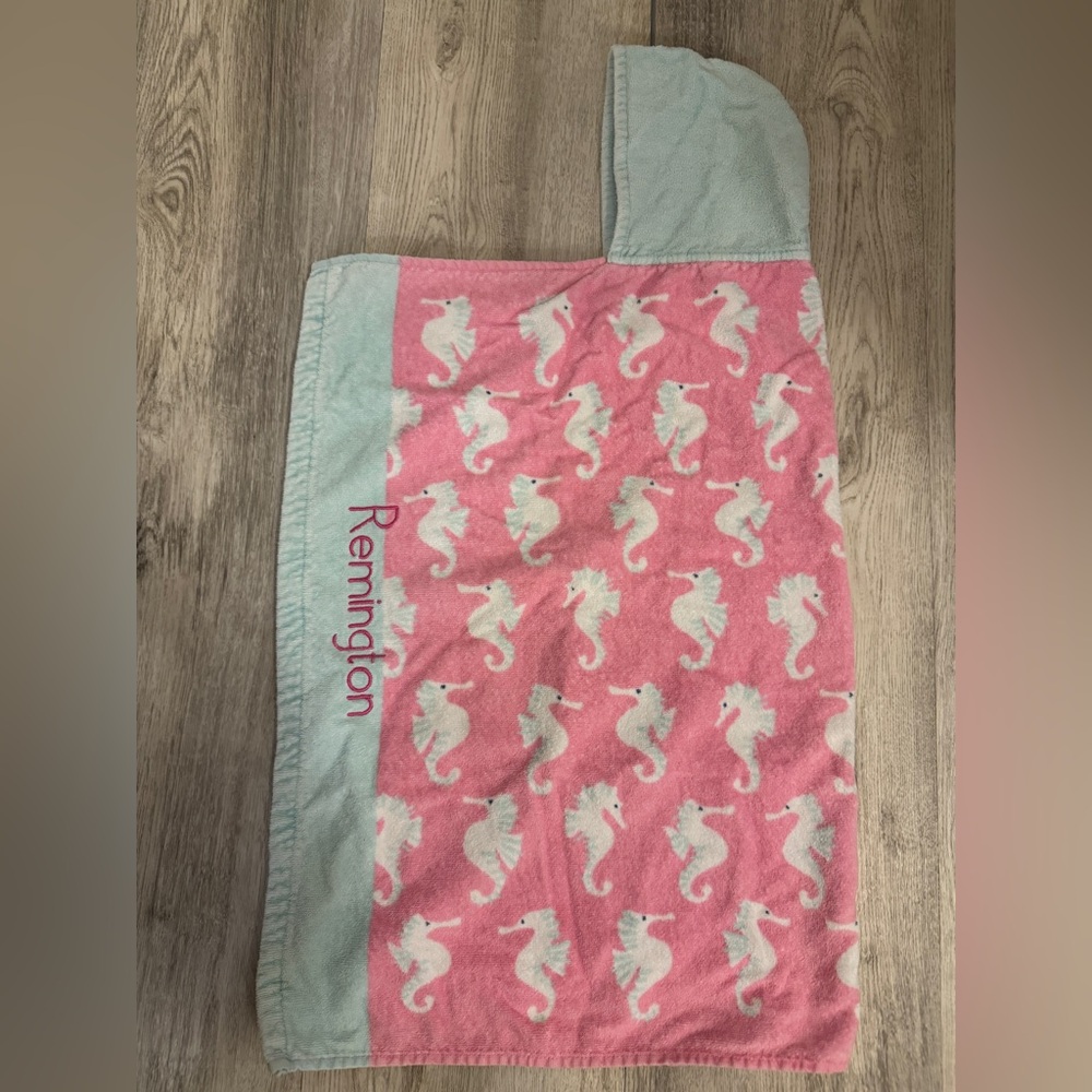 Pottery Barn Kids Pink Hooded Towel with Mint Trim- personalized Remington